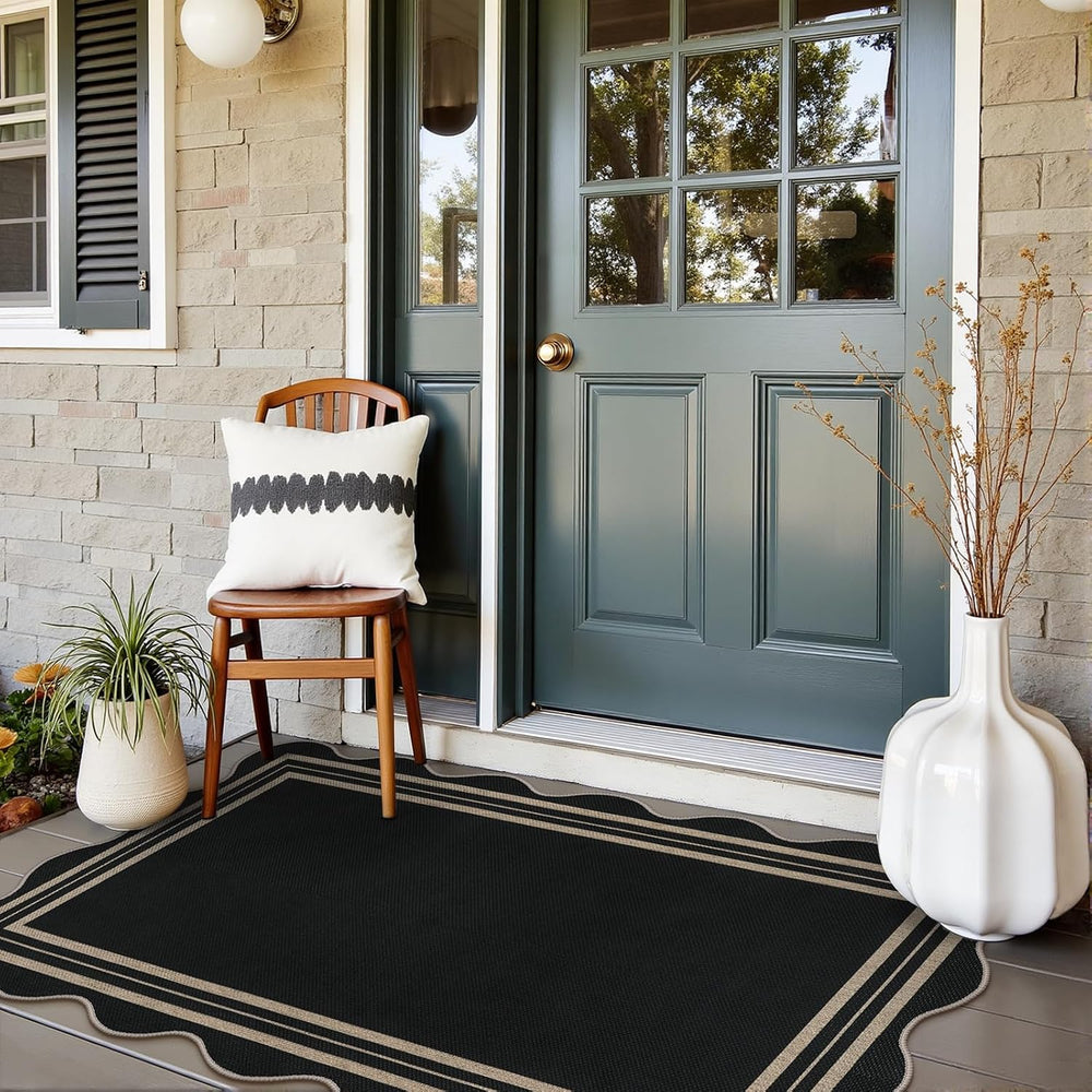 Scalloped Easy Jute 3x5 Front Door Mat, Washable Rugs for Entryway Black Outd...