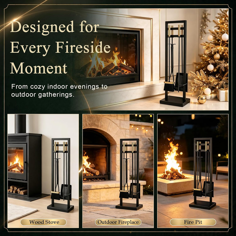 FEED GARDEN 5-Piece Fireplace Tool Set, 30" One-Piece Stand, Antique Brass