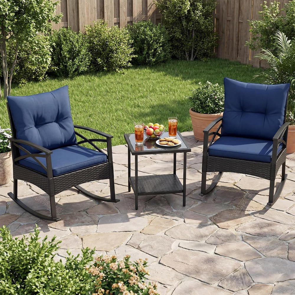 HAPPYGRILL 3 Piece Rocking Bistro Set PE Rattan Rocker Chairs with Table and ...