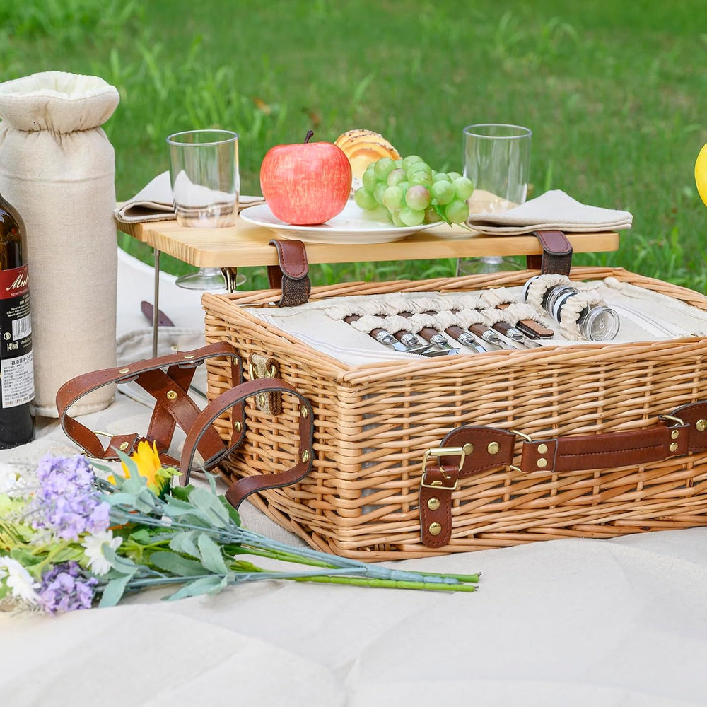 Multifunctional Wicker Picnic Basket Set for 4 with Blanket and Picnic Table,...