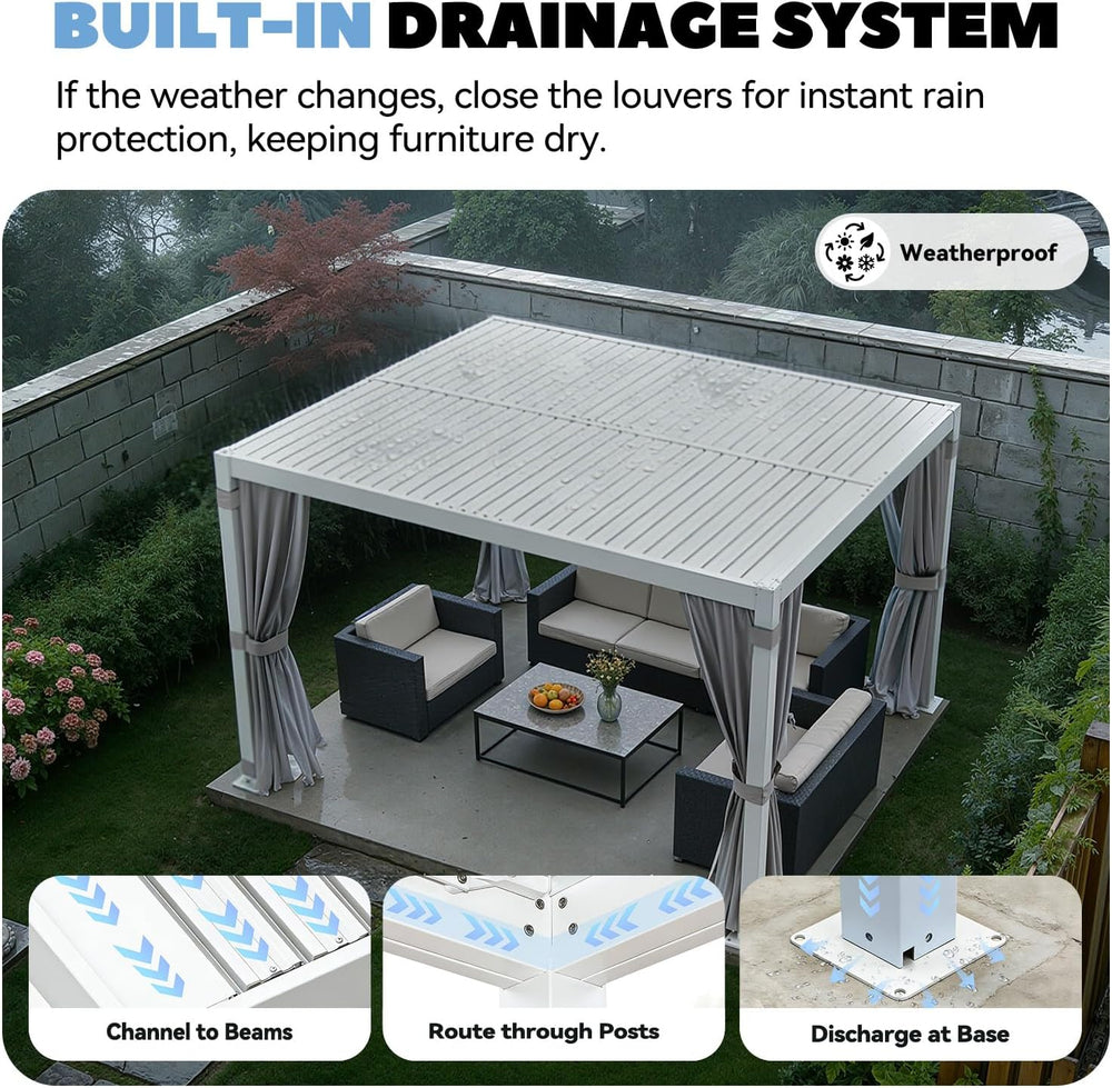 MELLCOM 10x12 Louvered Pergola Adjustable Roof w/Curtains & Mesh