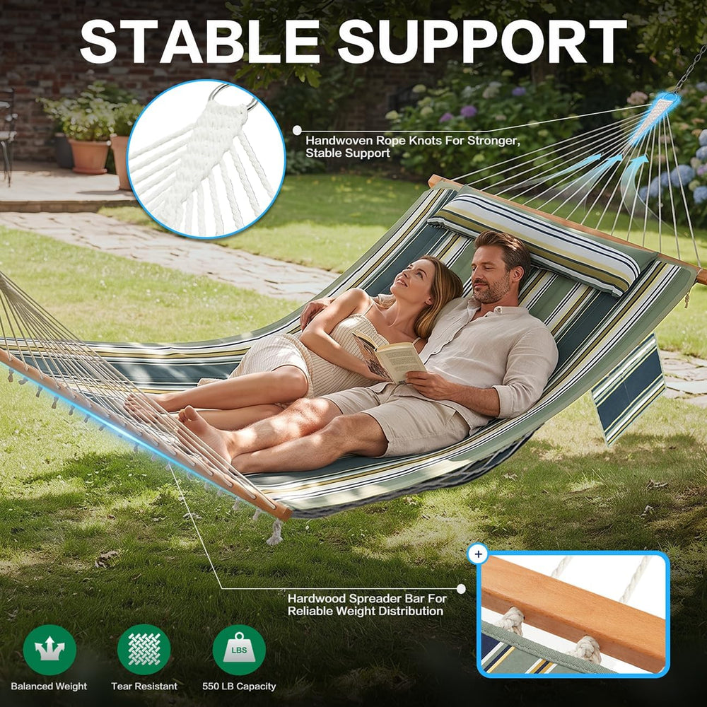 GAFETE 12FT 2 Person Handwoven Rope Hammock with Pad and Pillow for Outside