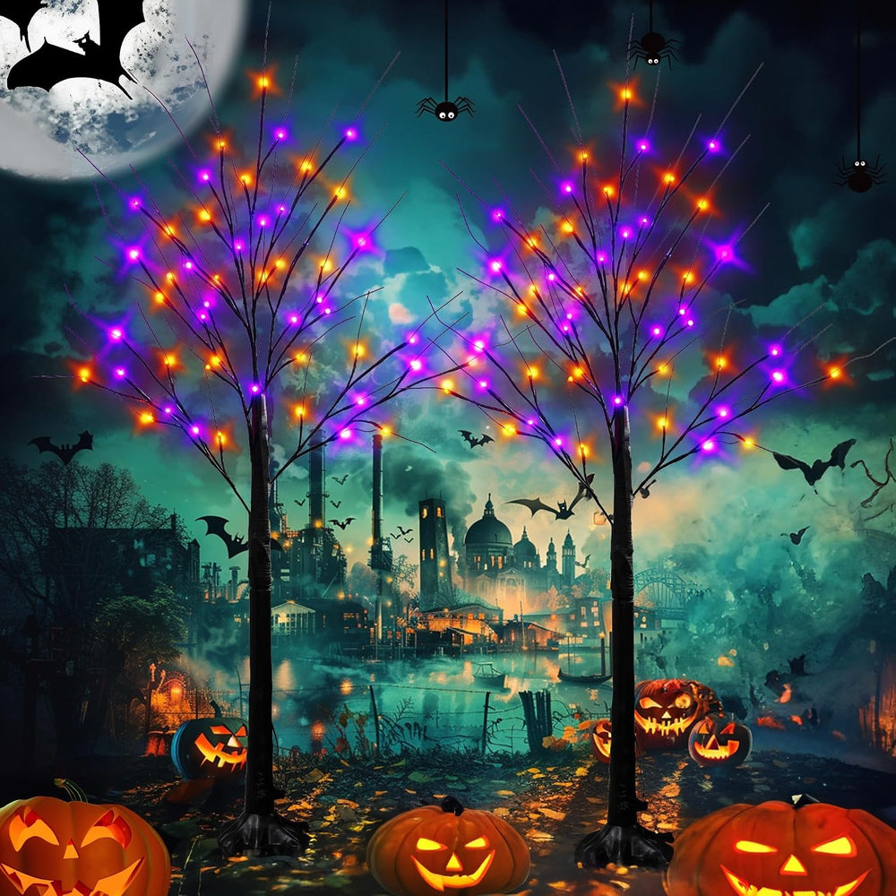 Dazzle Bright 2 Pack Halloween Lighted Up Birch Tree, Total 96 LED Purple and...