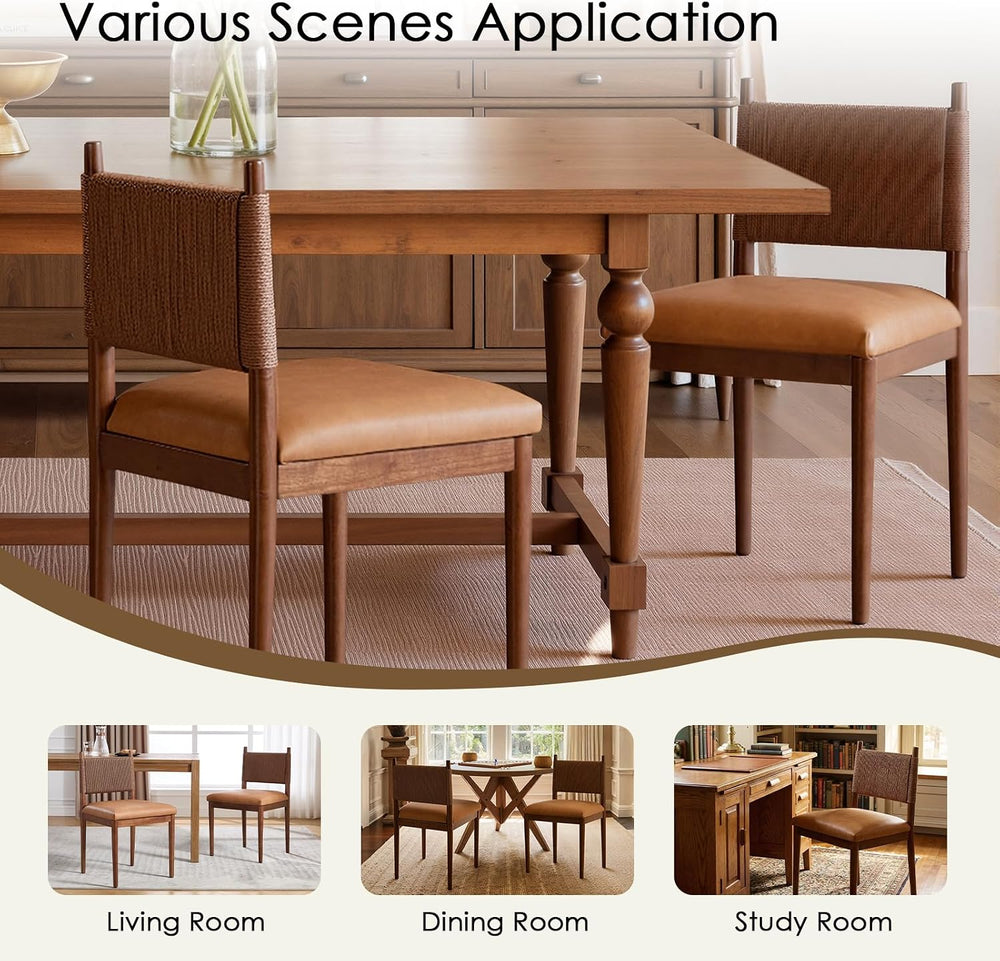 CIMOTA Leather Dining Chairs Set of 4, Woven Back/Walnut Wood/PU Brown