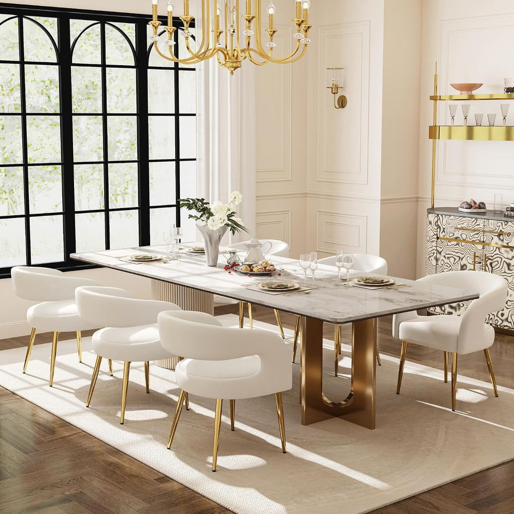 Hyfirm White and Gold Dining Chairs Set of 6, Upholstered Velvet Barrel Dinin...