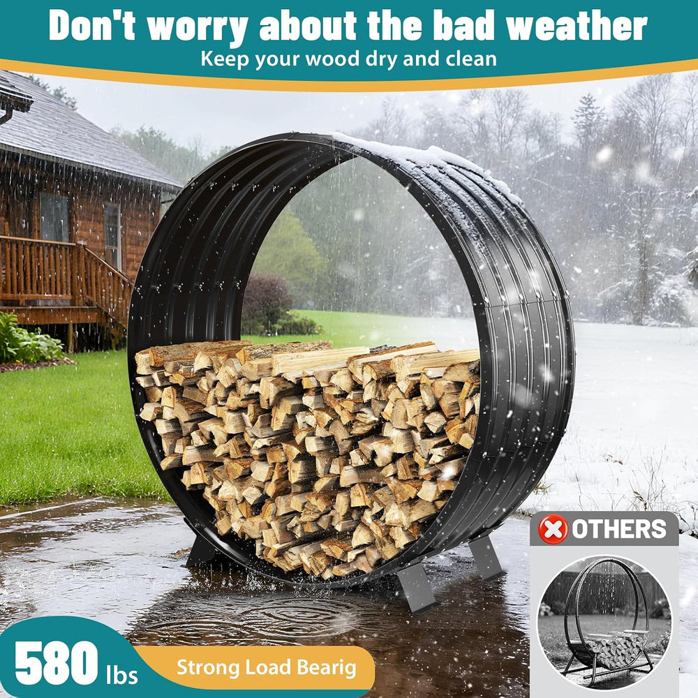 Round Heavy Duty Firewood Rack – Galvanized Wave-Shaped Steel with 4 Sturdy L...