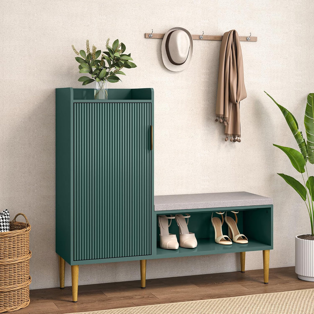 Storage Bench with Fluted Door&Shelf, L-Shaped Entryway Bench