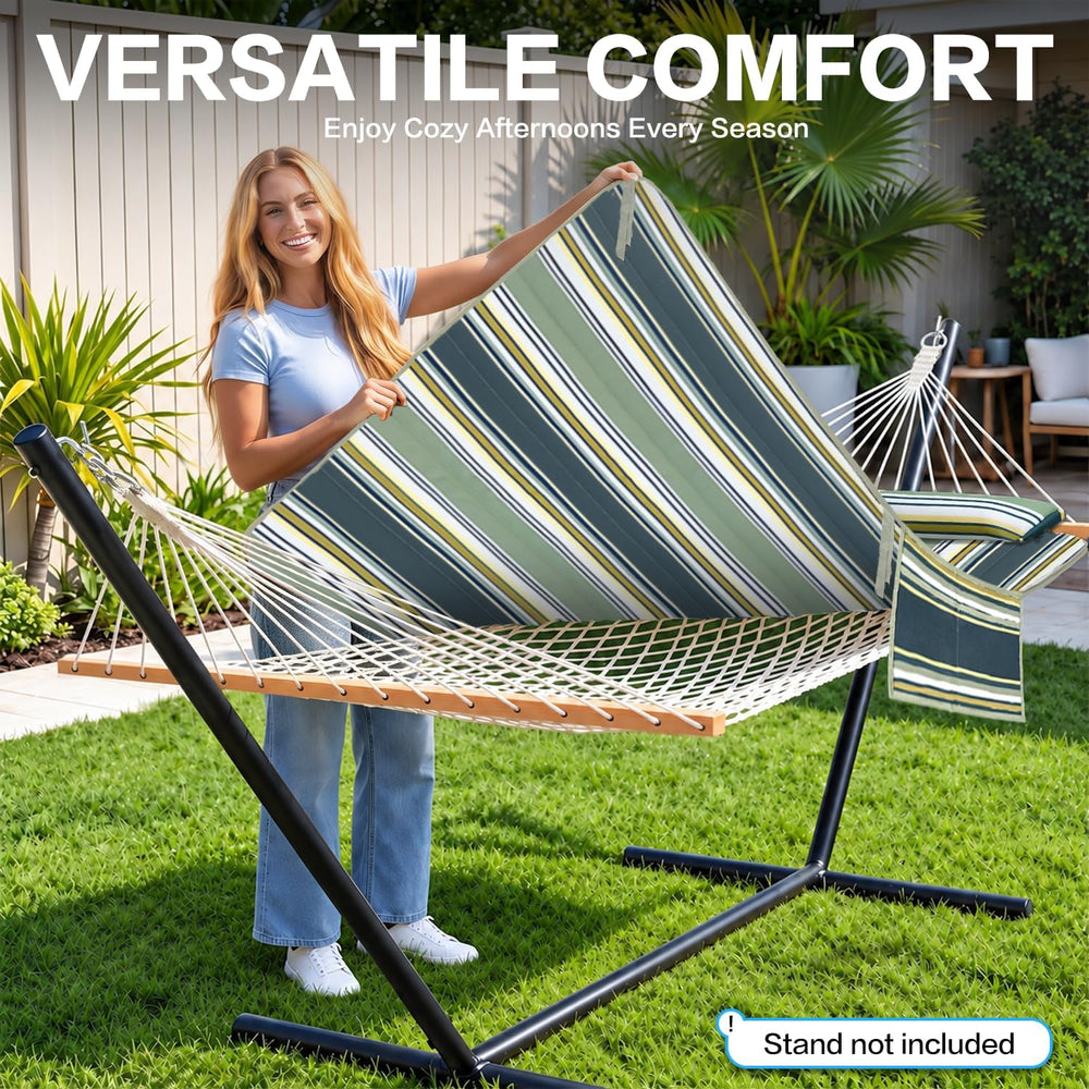 GAFETE 12FT 2 Person Handwoven Rope Hammock with Pad and Pillow for Outside