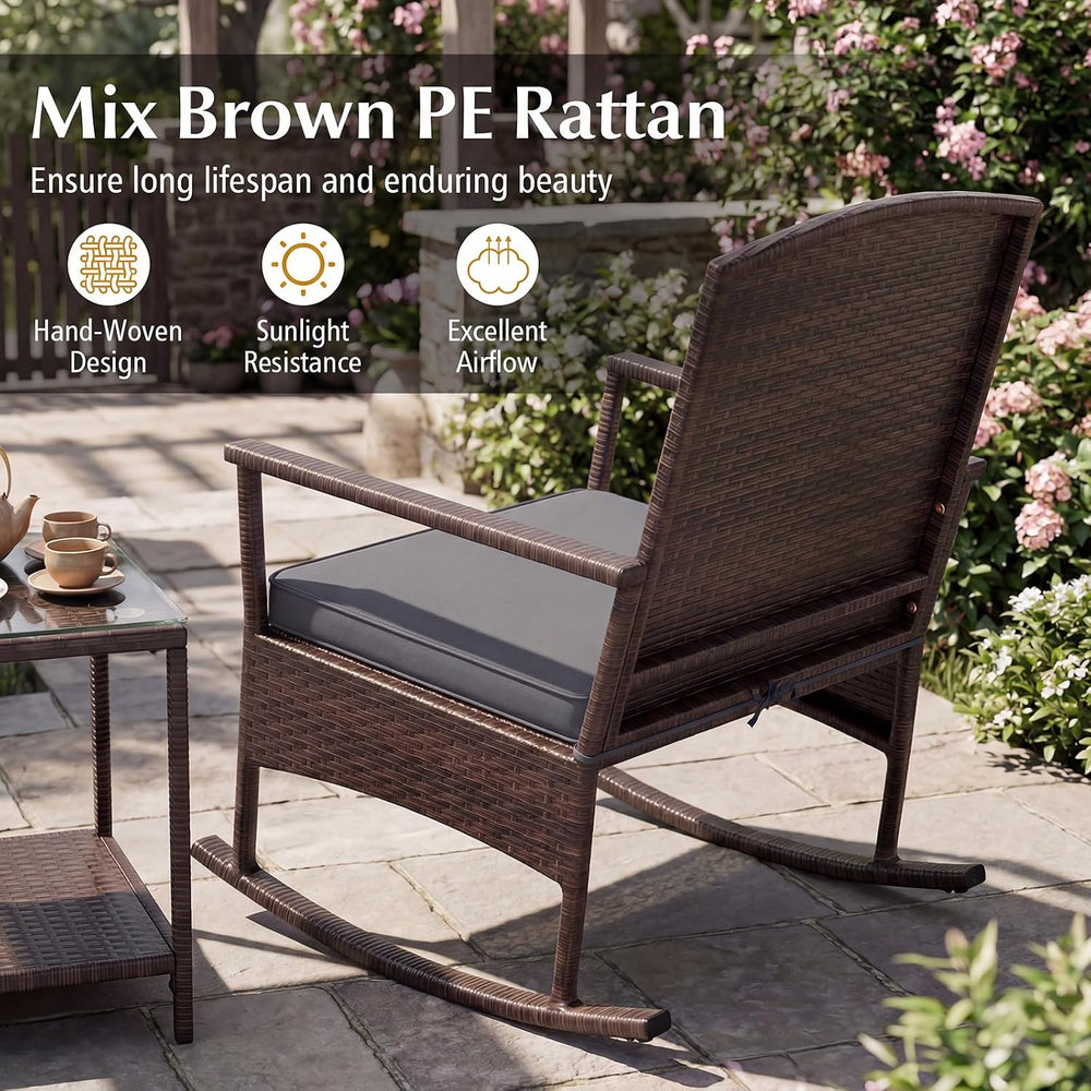 ORALNER 3 Pieces Patio Rocking Chair, Wicker Bistro Set w/Cushions (Gray)