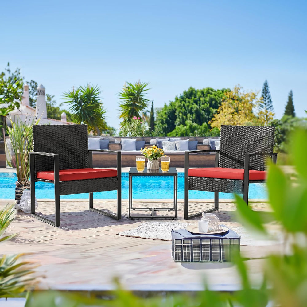 Flamaker 3 Pieces Patio Furniture Set Outdoor Wicker Bistro Chair (Red)