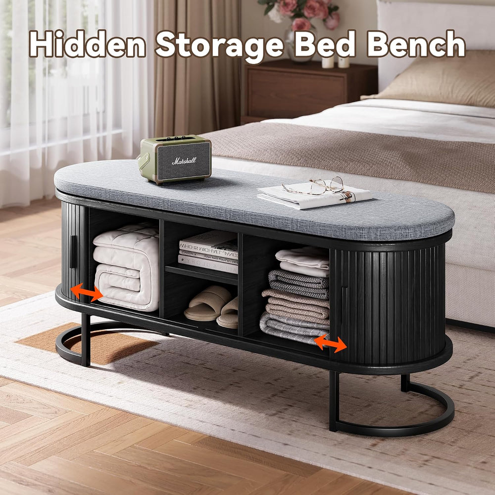 Decofy Shoe Storage Bench with Cushion and Sliding Doors, 47.2 Inch Shoe Benc...
