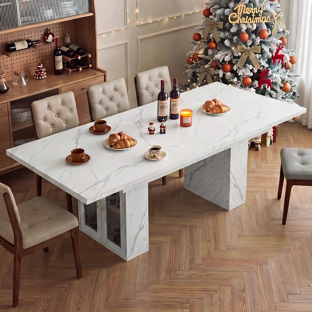 51"-78" Extendable Dining Table for 4-8, White Faux Marble Dining T...