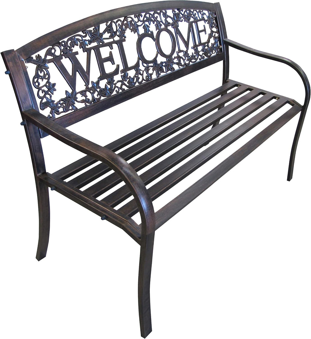 Leigh Country Metal Outdoor Bench, Welcome Design, Decorative Patio Seating f...