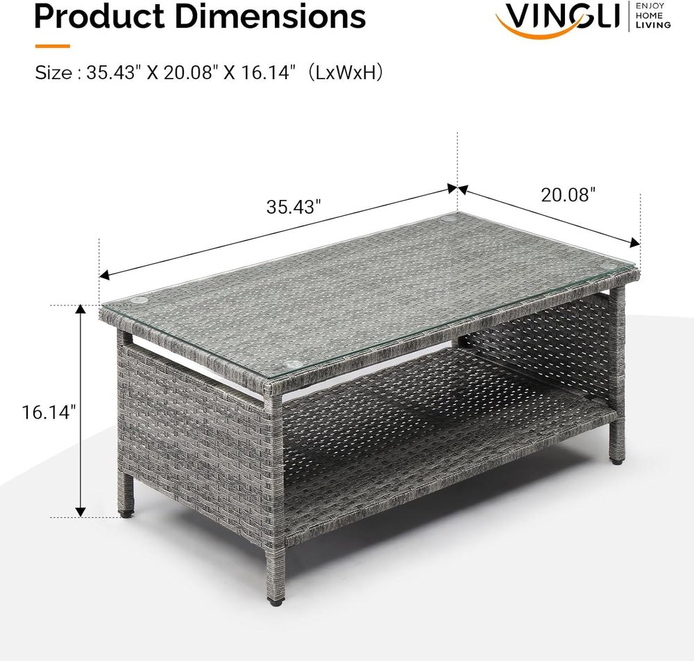 VINGLI Outdoor Wicker CoffeeTable Patio Coffee Tables for Outside, Tempered G...