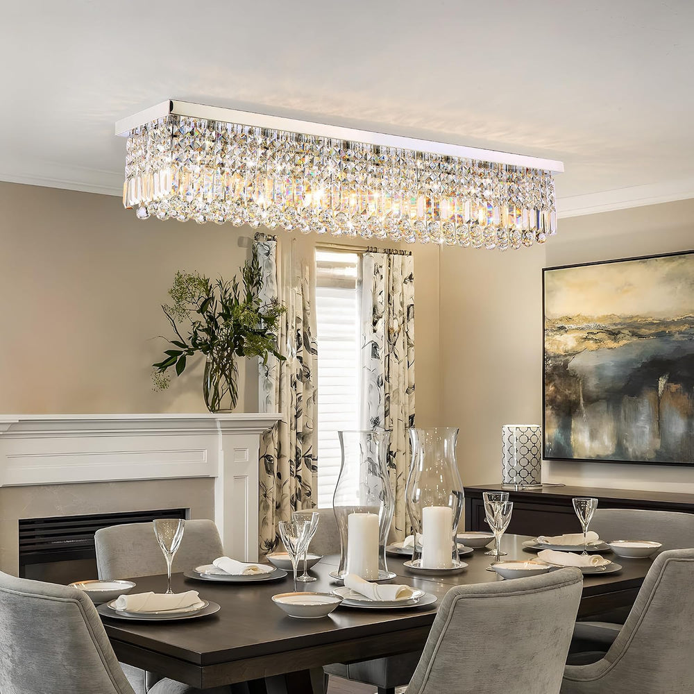 12-Lights Crystal Chandeliers Modern Crystal Rectangular Flush Mount Chandeli...