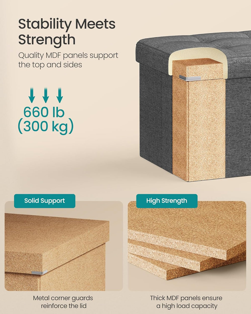 SONGMICS 43.3 Inches Folding Storage Ottoman Bench, Load 660 lb