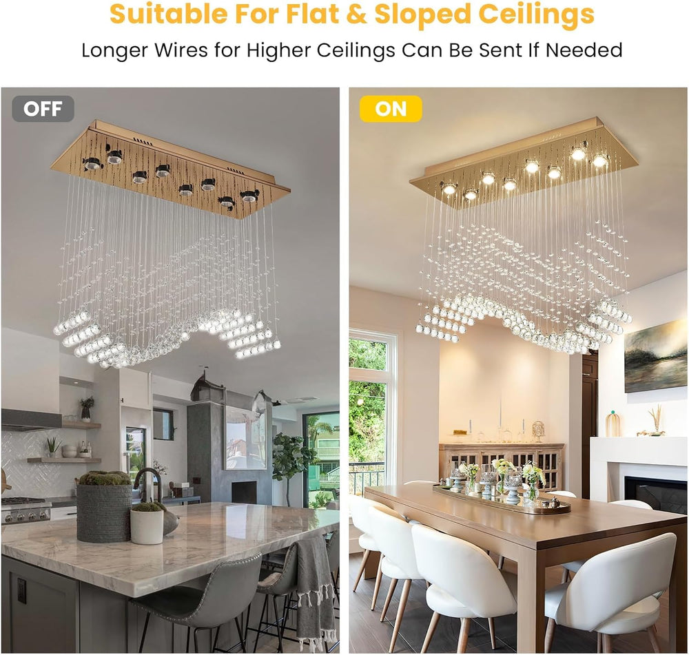 Siljoy Rectangular Gold Crystal Chandelier for Dining Room, 8-Light Modern Wa...