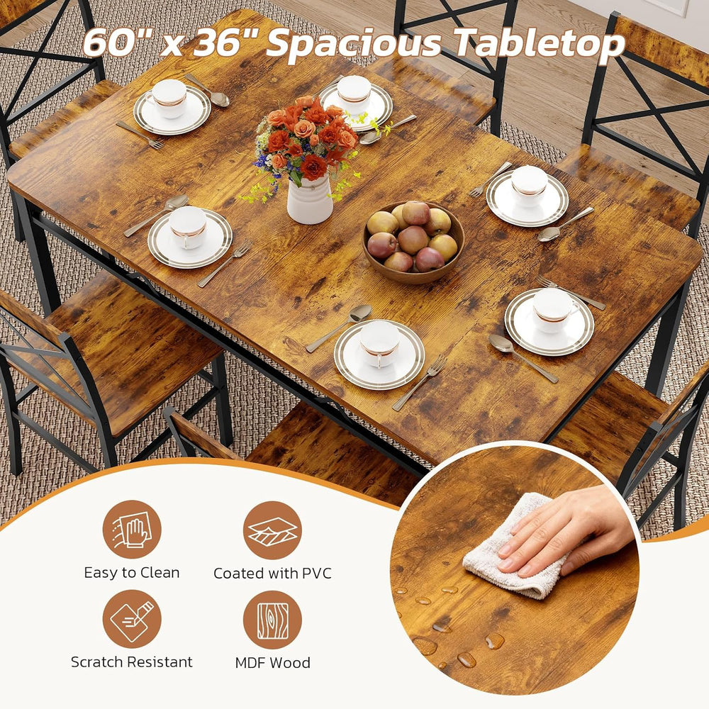 Zevemomo 7-Piece Dining Table Set, Kitchen Table Chairs Set of 6, Brown
