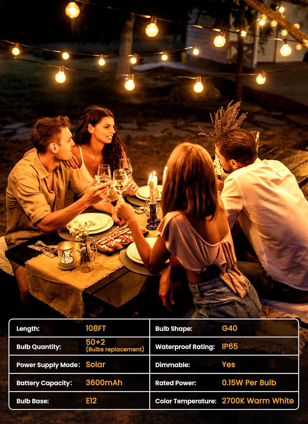 Brightown 108FT 52LED Solar String Lights Outdoor with Remote & USB Port