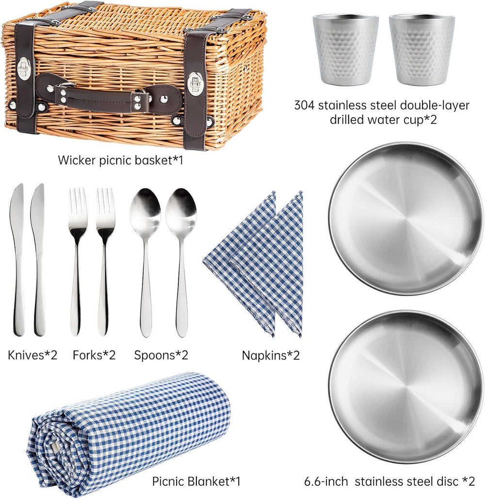Picnic Basket Set for 2, Wicker Picnic Baskets with Waterproof Blanket and Cu...
