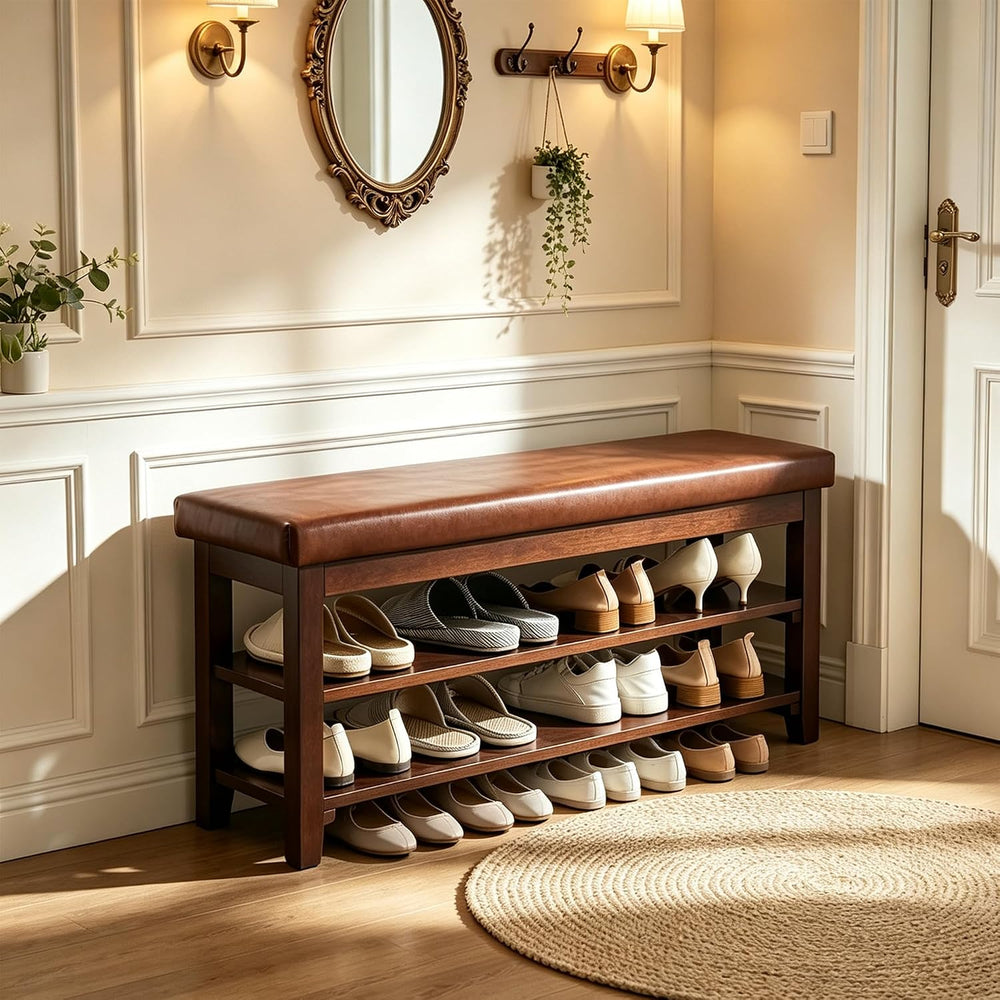 40" Shoe Bench with Leather Cushion, Upholstered Entryway Bench, Dark Brown