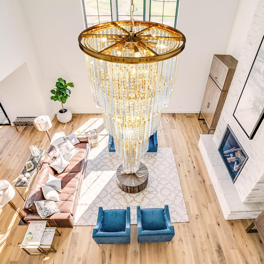 Gold Long Crystal Chandelier for High Ceiling, H49 inch Modern Large Chandeli...