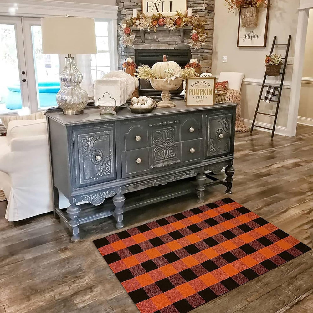 Fall Outdoor Rug Orange Buffalo Plaid Outdoor Rug Cotton Hand-Woven Buffalo C...