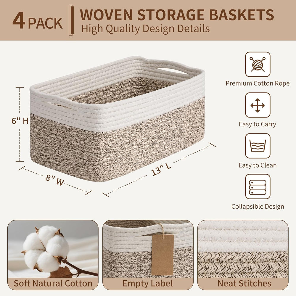 Goodpick 4 Pack Storage Baskets for Organizing Shelves, Light Brown & White