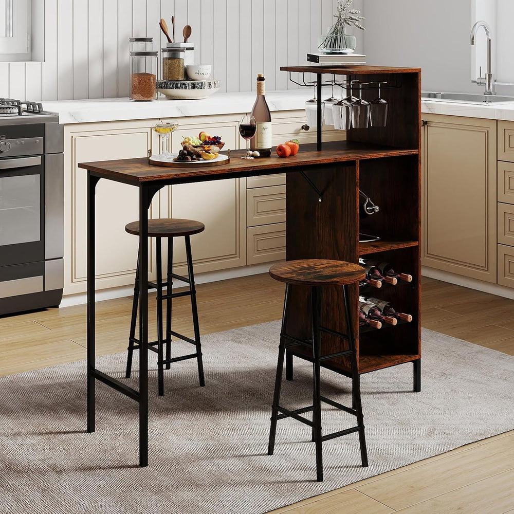 COSTWAY 3 Pieces Bar Table and Chair Set, Industrial Pub Table & Stools