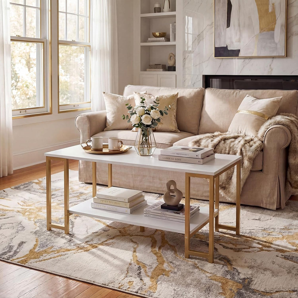 GIANTEX 2-Tier Coffee Table with Storage, 39.5" Center Table, Gold &...