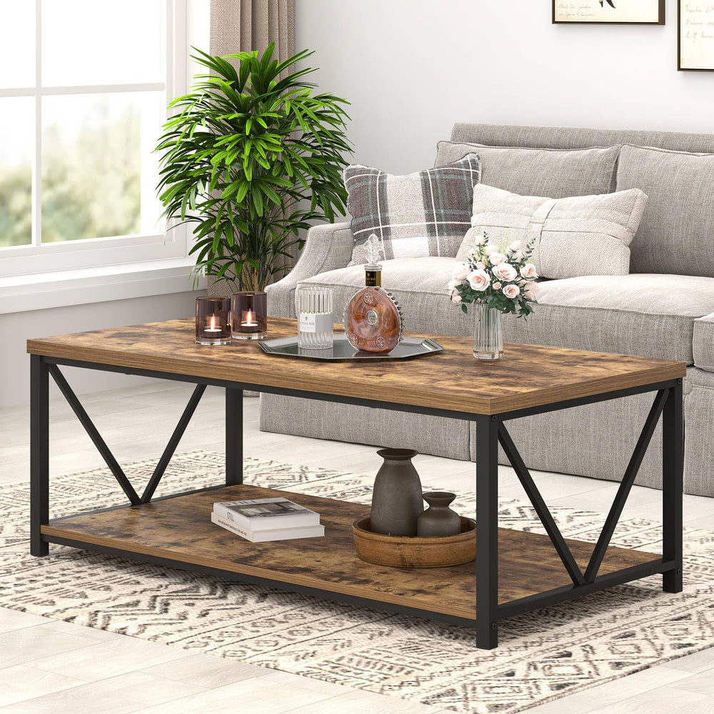 EXCEFUR Modern Coffee Table, Rustic Wood and Metal Living Room Table with Sto...