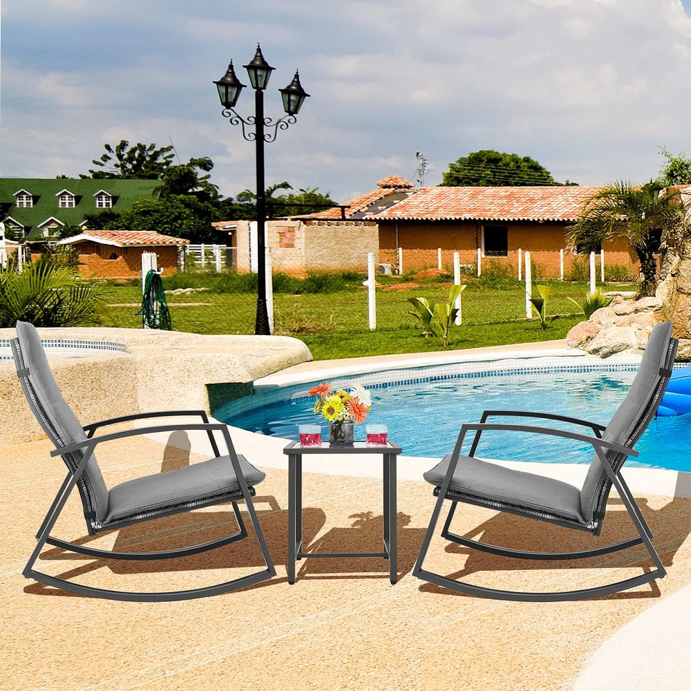 Tangkula 3 Pieces Patio Rocking Bistro Set, PE Rattan Rocking Chairs with Tem...