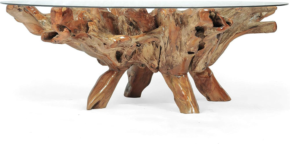 CHIC TEAK Genuine Teak Wood Root Coffee Table Including 55 Inch Round Glass T...