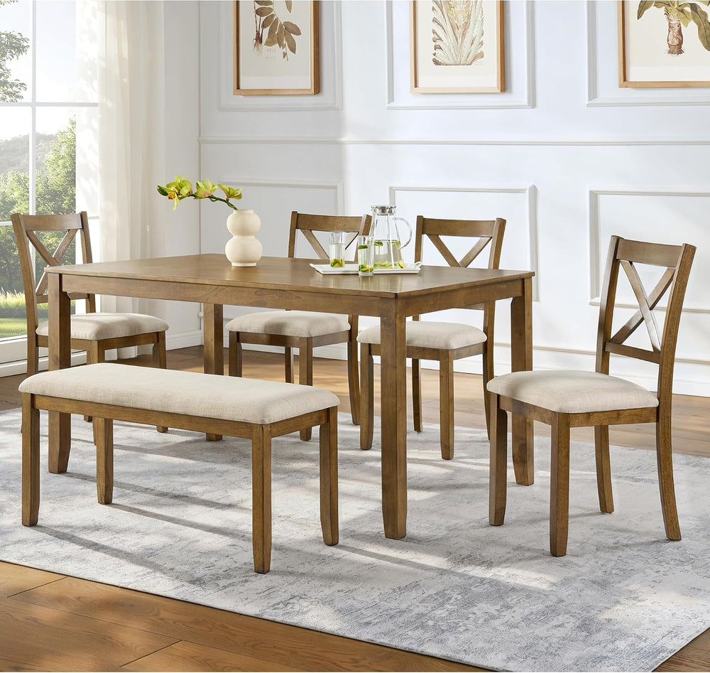 Merax 6-Piece Wood Kitchen Dining Table Set, 58.5" Rectangular Table wit...