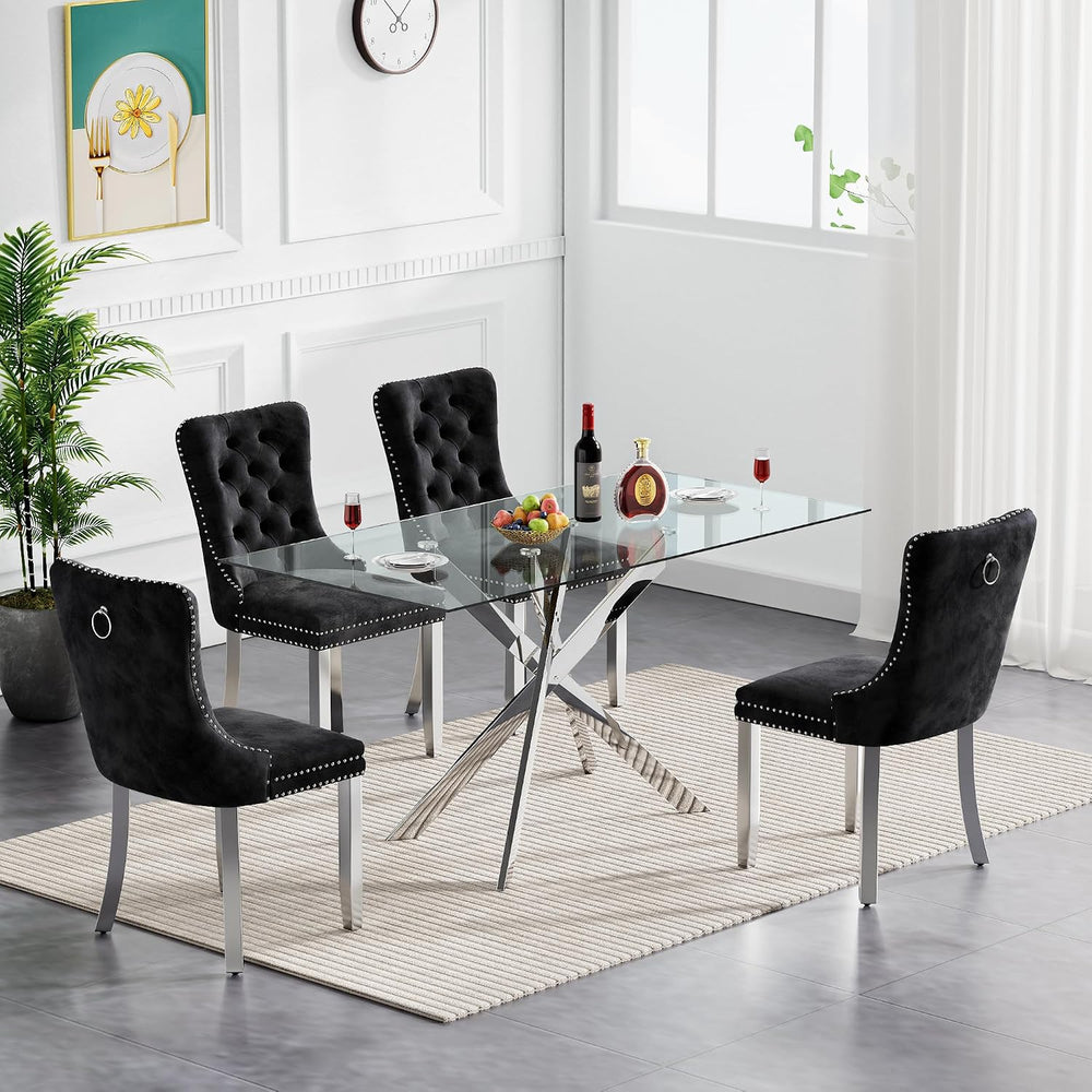 SSLine Modern 5-Piece Silver Glass Dining Table Set for 4 Luxury Rectangle Gl...