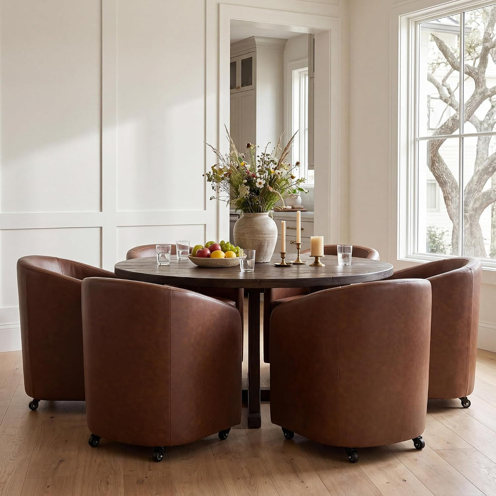 CIMOTA Brown PU Leather Barrel Dining Chairs with Wheels, Set of 6 — Modern U...