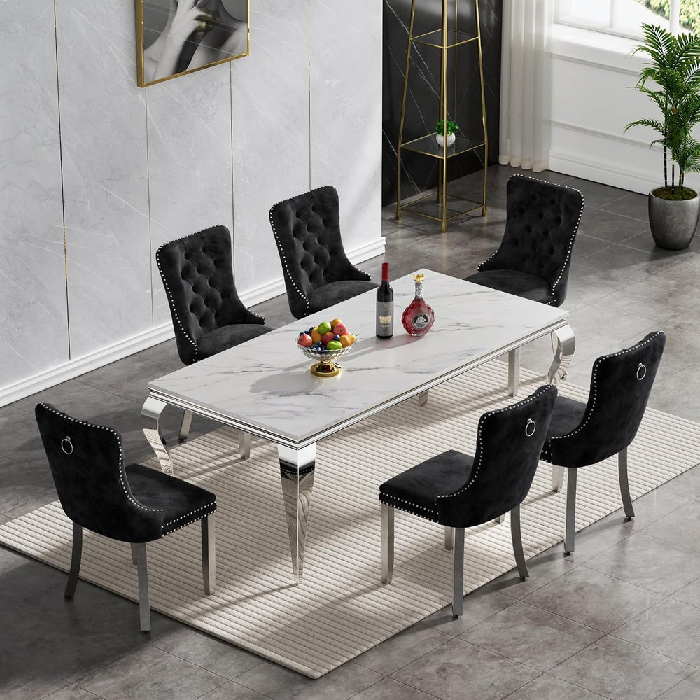 Henf 7 Piece Marble Dining Table Set for 6, 68" Modern Kitchen Dining Ro...