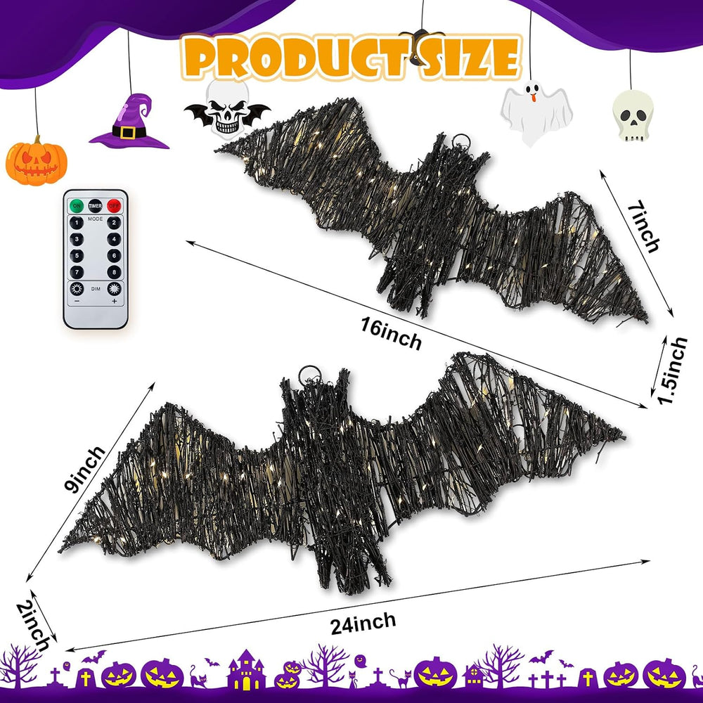 Glooglitter 2 Pcs Halloween Rattan Bats 3D Lit Woven Bat with Timer Remote