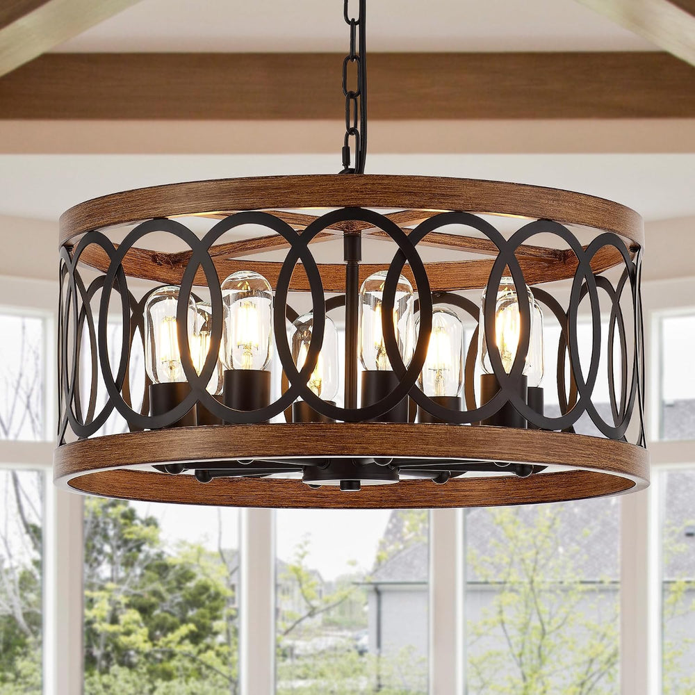 8-Light Farmhouse Drum Pendant Light,19.68'' Nature Wood Texture Vint...