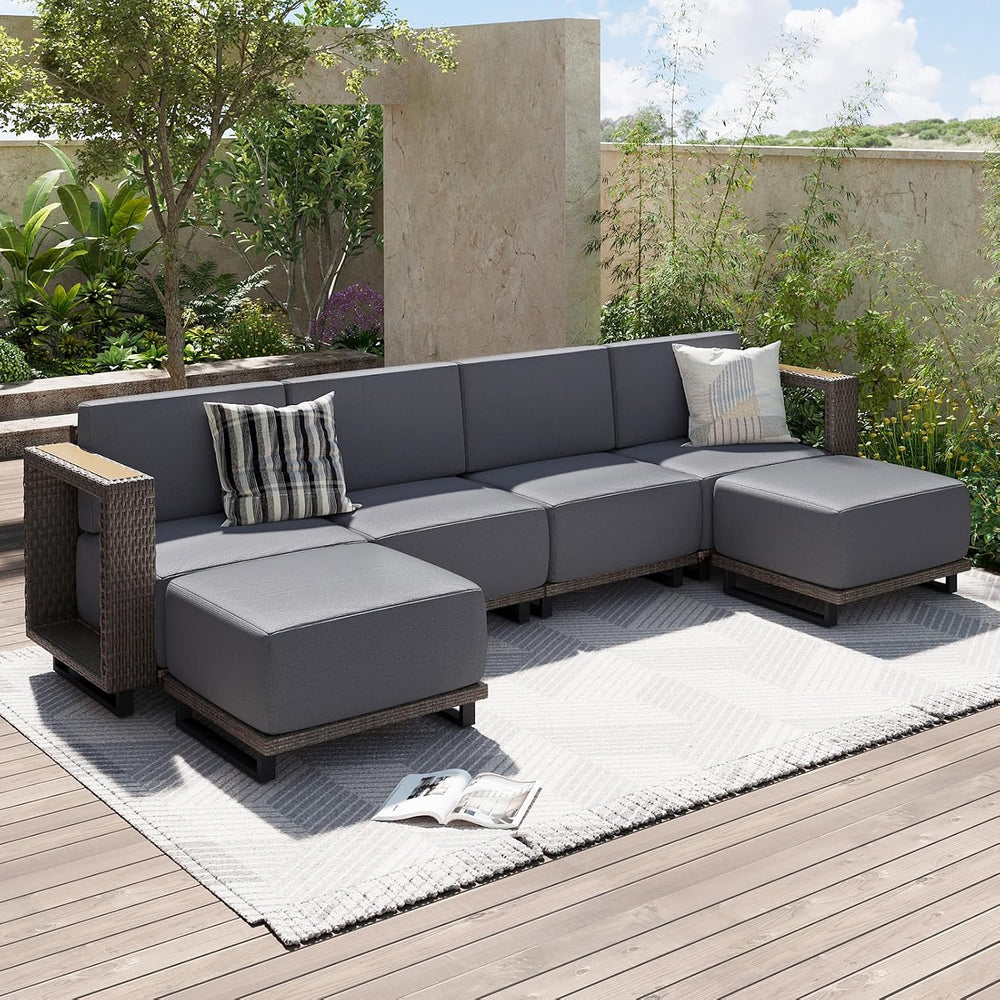 Aoxun Patio Furniture Set, 6 Piece Outdoor Sofa Set, Brown/Dark Gray