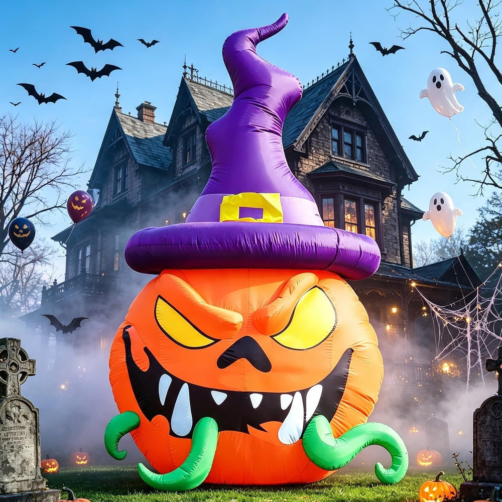 DomKom 12FT Halloween Inflatable Blow Up Decorations, Giant Pumpkin wear Witc...