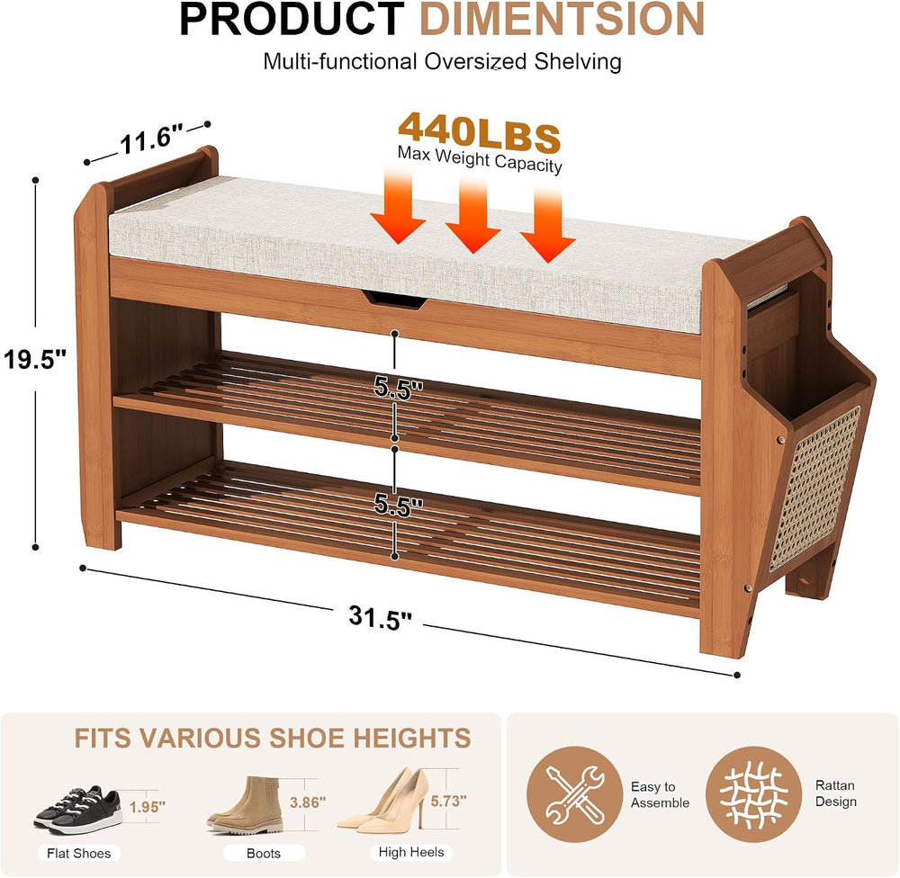 PETKABOO 31.5" Bamboo Shoe Rack Bench with Storage, 3-Tier Entryway Benc...