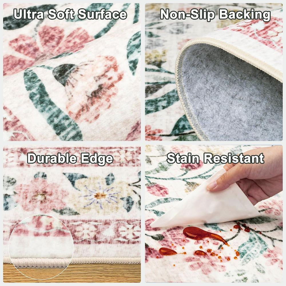 PLHXFR 8x10 Area Rug Living Room: Floral Washable Boho Carpet Pink Green