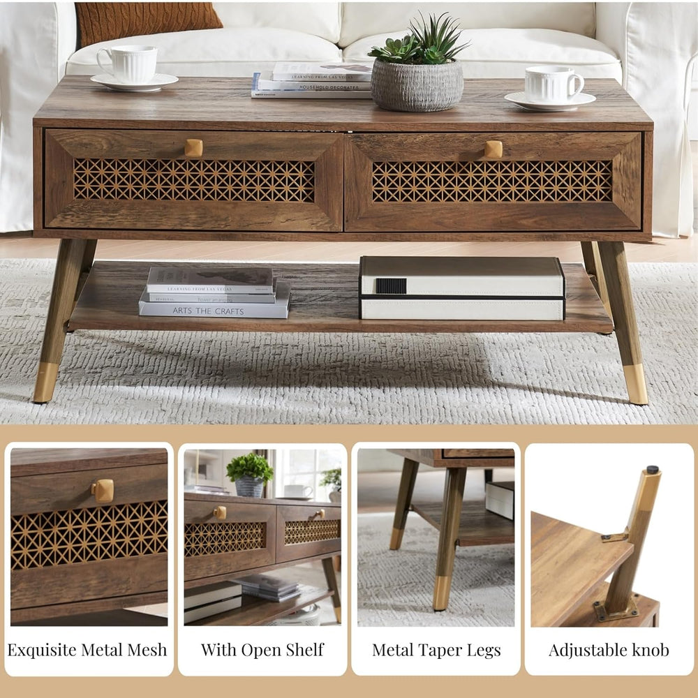Wooden Mid Century Modern Coffee Table, Retangle Coffee Table with Two Drawer...