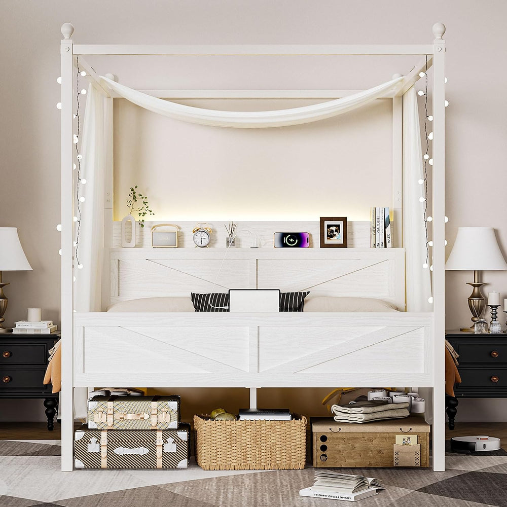 Canopy Bed Frame Full Size with Storage Headboard, Beige