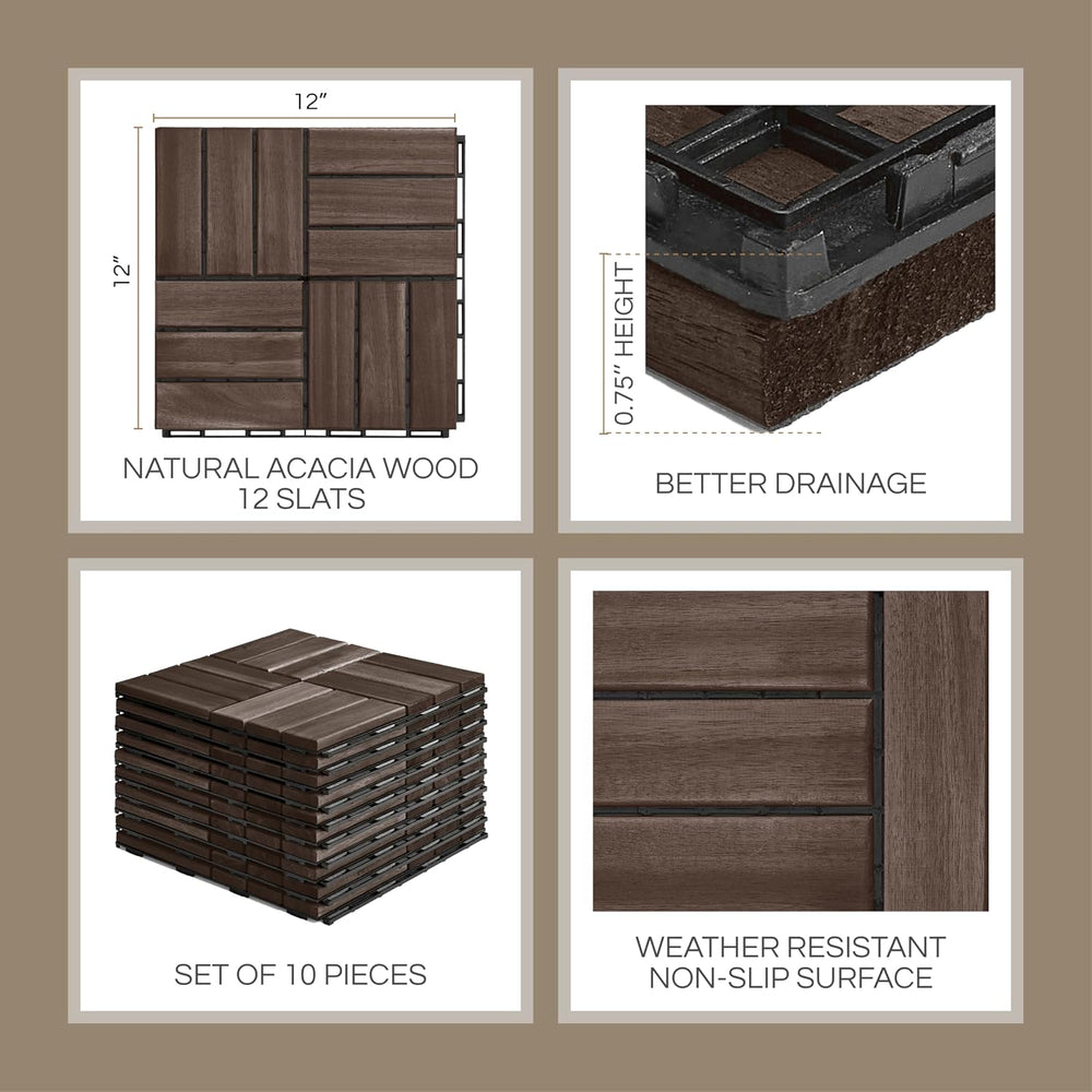 THYOI Premium Deck Tiles, 10 Pcs Patio Flooring -Espresso- Crossed Pattern