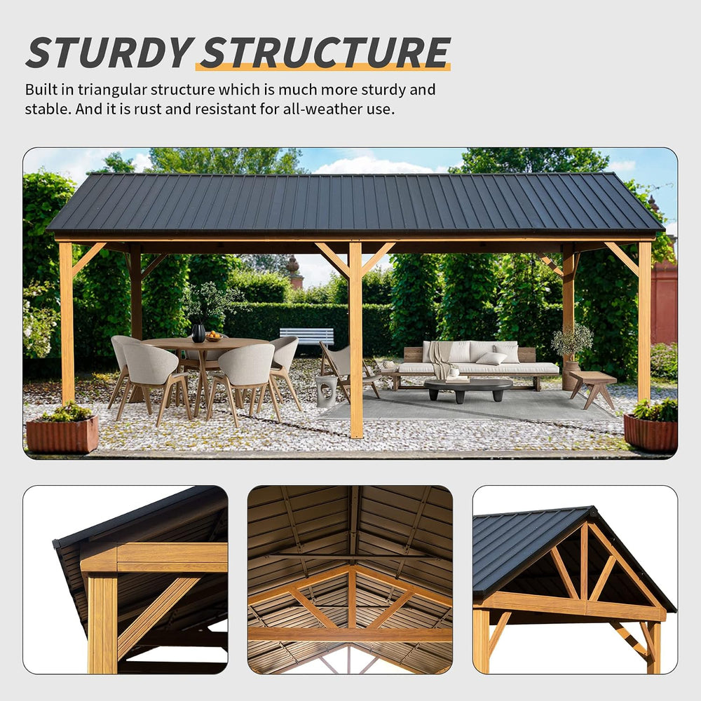 Domi 12’ x 20’ Hardtop Gazebo, Wooden Coated Aluminum Frame Canopy with Galva...