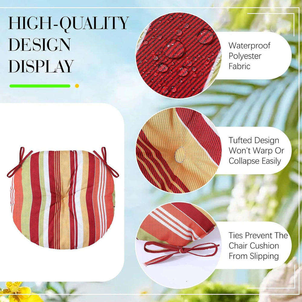 Wesiti Set of 4 Round Bistro Seat Cushion with Tie, Waterproof, Red Stripe