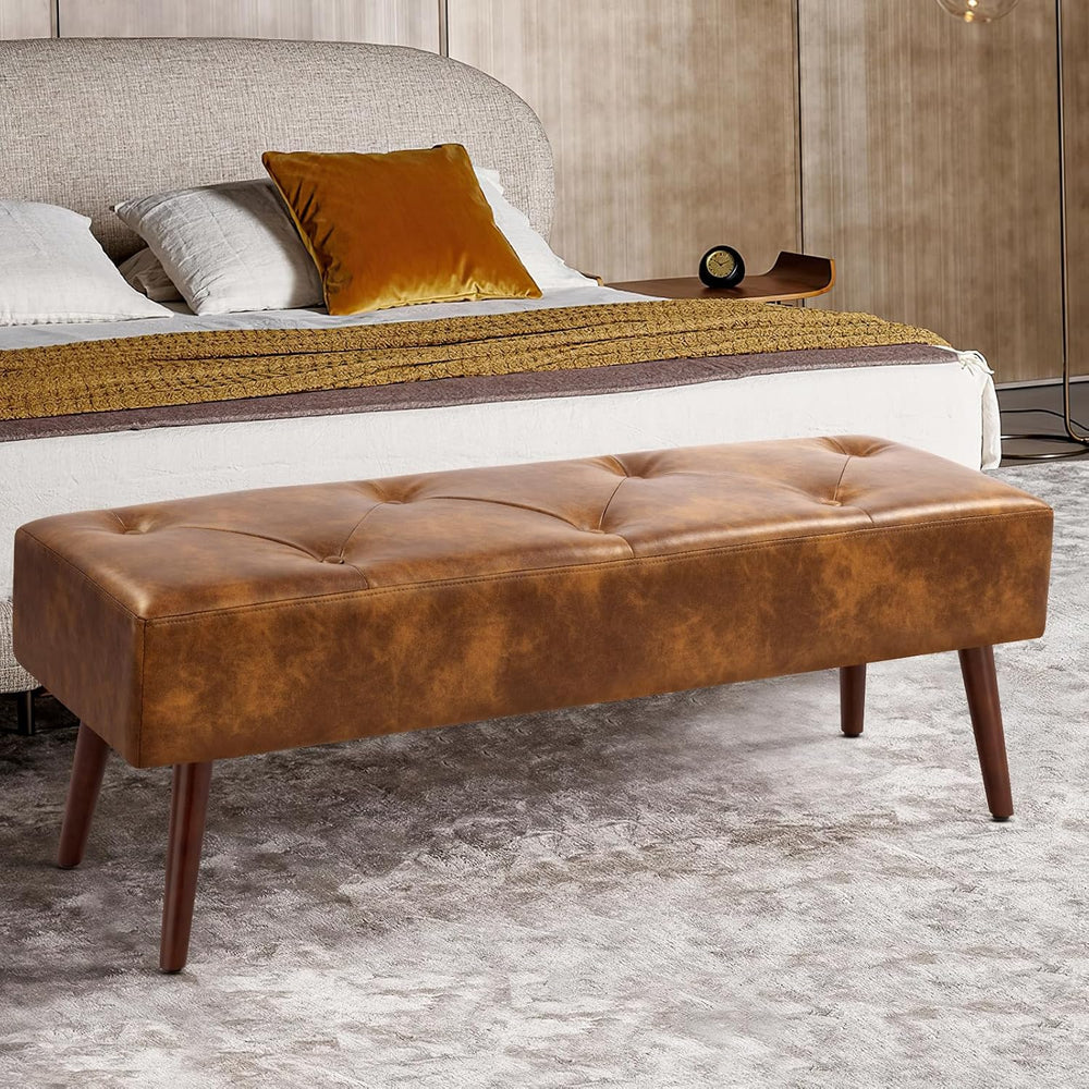 Furniliving 44 Inch Tufted Leather Bench, Leather Footrest Stool Bedroom Benc...