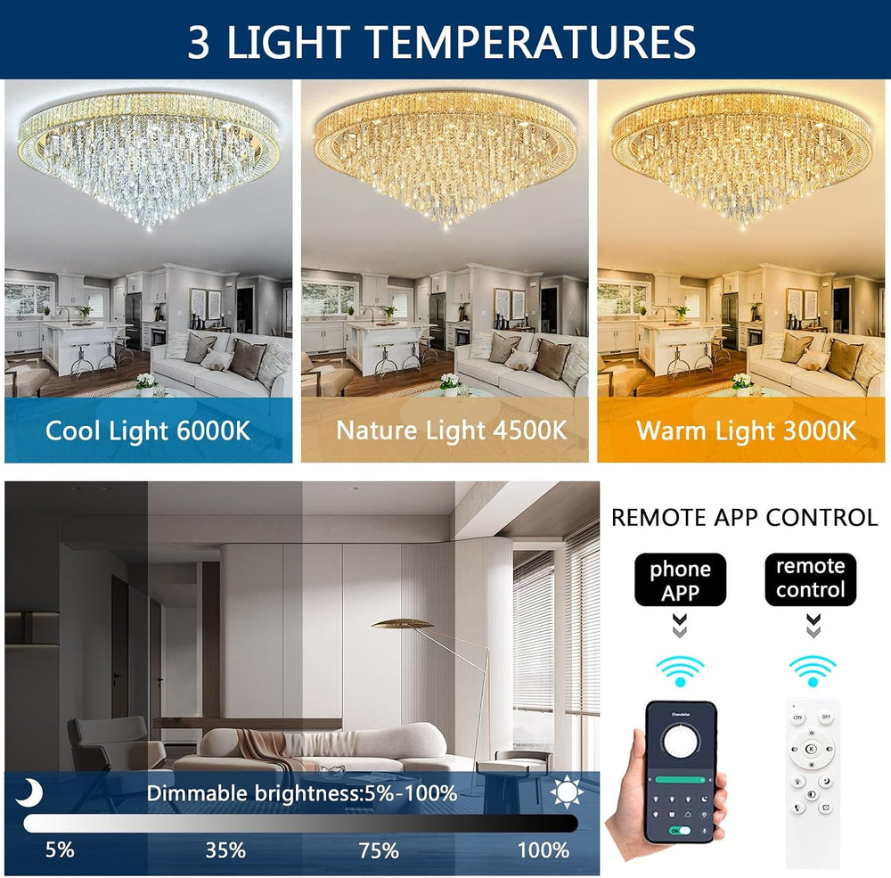 53.7" Modern Crystal Big Large Chandeliers LED Dimmable Flush Mount Ceil...